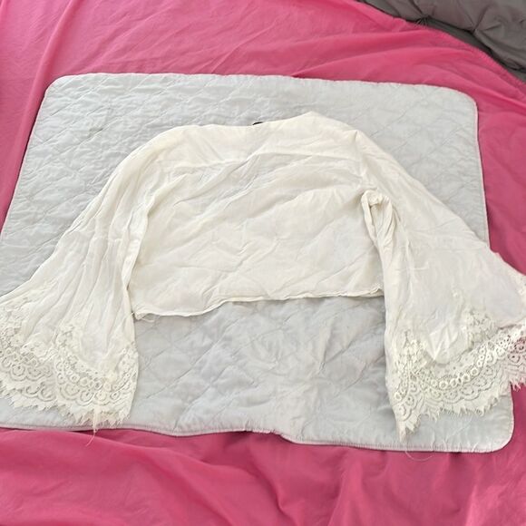 Unique top cream colored with lace sleeves crisscross front by girl obsessed M - Picture 5 of 5